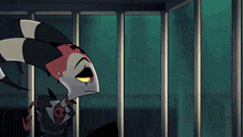 a cartoon character is tied up in a cage and looking out a window