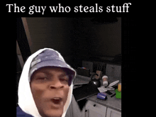 the guy who steals stuff is shown in a kitchen with a messy counter top