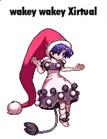 a pixel art drawing of a girl in a santa hat blowing a pink bubblegum