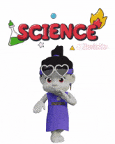 a cartoon character wearing heart shaped sunglasses is standing in front of a sign that says science