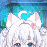 a girl with white hair and blue eyes has a heart on her ears