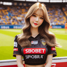a girl wearing a soccer jersey that says ' sbobet spobr ' on it