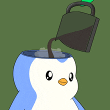 a cartoon of a penguin with a cup of coffee pouring into its head