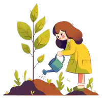a girl in a yellow coat is watering a tree with a watering can