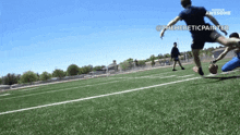 a soccer player is kicking a ball on a field that says the hereticpainter on the bottom