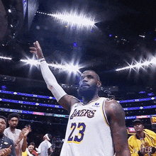 a basketball player with the number 23 on his jersey stands in front of a crowd