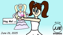 a drawing of a girl with a sign that says hug me