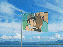 a flag with a picture of two men kissing with dir on the hat