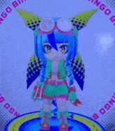 a girl with blue hair and green shorts is standing on a blue and yellow circle that says jokers