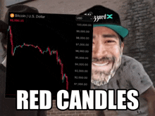 a man is smiling in front of a screen that says red candles on it