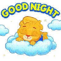 a cartoon lion is sleeping on a cloud with the words " good night " above him