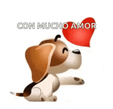a brown and white dog is blowing a red heart .