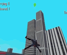 spider-man is flying through the air while holding a green balloon in front of a tall building .