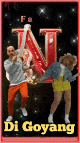 a man holding a guitar and a woman dancing in front of a letter n