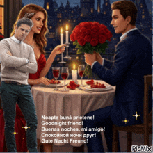 a man is holding a bouquet of roses while a woman looks on