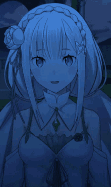 a girl with white hair and blue eyes is wearing a white dress