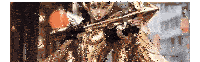a woman in a gold costume is holding a sword and bow .