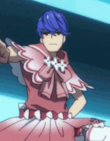 a man with blue hair is wearing a pink dress and a pink cape .