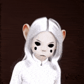 a drawing of a girl with white hair and black eyes says voo