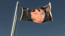 a flag with a woman 's face on it is flying in the wind