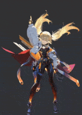 a girl with long blonde hair is holding a sword in her right hand