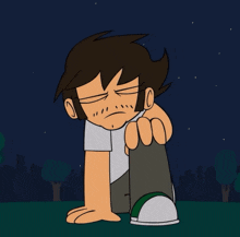 a cartoon drawing of a boy with a surprised look on his face sitting on the ground