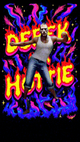 a man is dancing in front of a colorful background that says derek