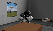 a cartoon character is sitting on a table in front of a window with a field in the background