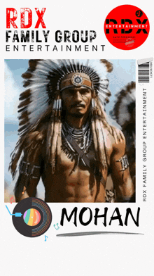an ad for rdx family group entertainment shows a man in a headdress