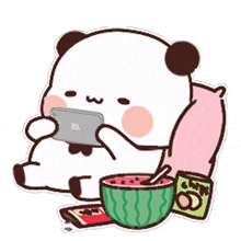 a panda bear is sitting on a couch with a bowl of watermelon and a phone .