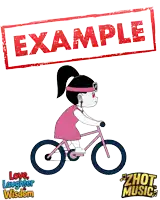 a girl riding a bike with a stamp that says example on it