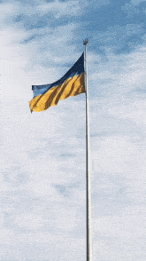 a blue and yellow flag is flying in the wind on a pole