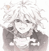 a drawing of a boy with a chain around his neck that says nagito only