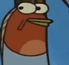 a close up of a cartoon character 's face with big eyes and a bird 's beak .