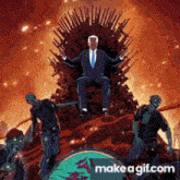 a cartoon of a man sitting on a throne with zombies around him