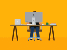 an illustration of a man sitting at a desk with an apple computer in front of his face
