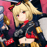a girl with a ponytail is wearing sunglasses and holding a weapon