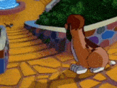 a cartoon dog is sitting on a tiled floor looking at a cat .