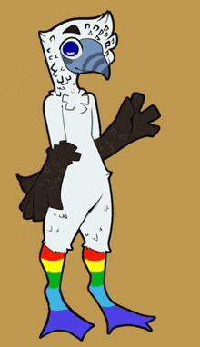 a cartoon drawing of a bird with rainbow socks