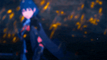 a blurry picture of a girl with blue hair standing next to a sword .