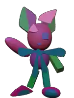 a colorful cartoon character with a blue eye and green arms and legs