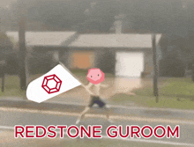 a blurred image of a man holding a flag with the words redstone guroom below