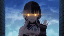 a girl with half black and half white hair has glowing orange eyes