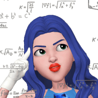 a cartoon girl with blue hair is standing in front of a white board with math equations