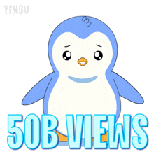 a blue and white penguin with the words 50b views behind it