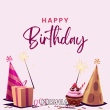 a pink background with the words happy birthday and a cupcake