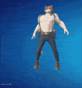 a man with a cat 's head is laying on the floor