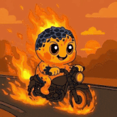 a cartoon of a person riding a motorcycle with flames around them