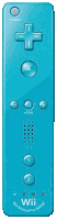 a blue wii motion plus remote control with buttons for power home and a