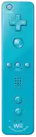 a blue wii motion plus remote control with buttons for power home and a